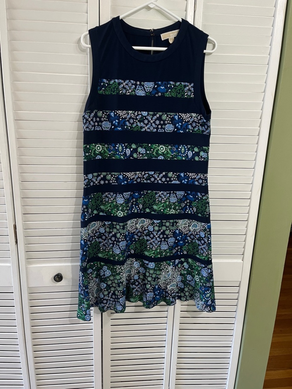 Michael Kors Navy Blue and Green Floral-Striped Sleeveless Mini Dress
